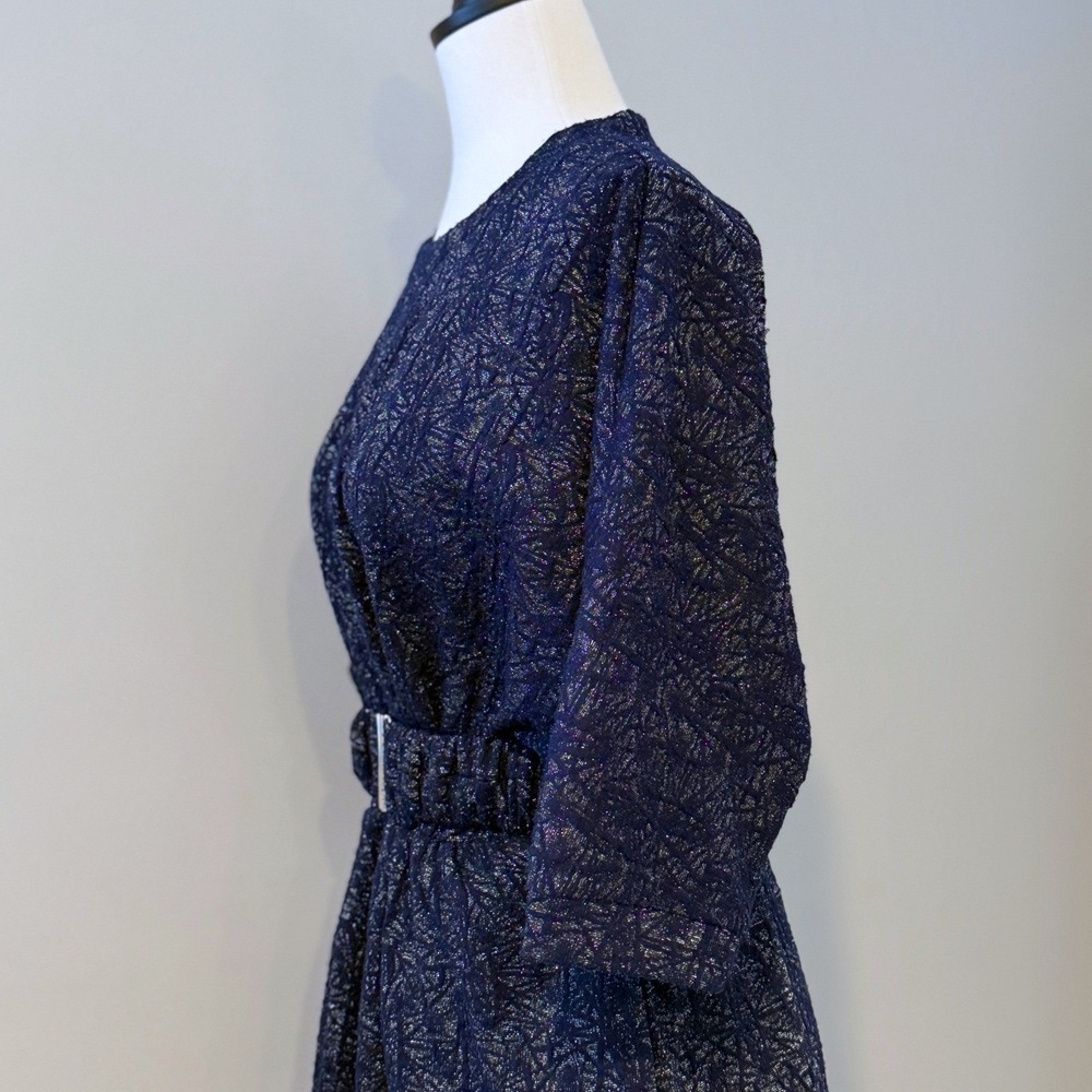 FRNCH Navy Metallic Belted Party Dress – Shimmer Holiday Cocktail Dress - Small - Picture 2 of 16